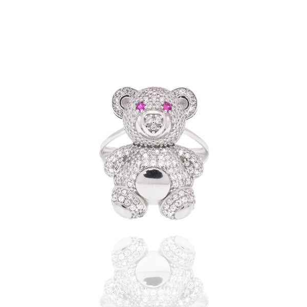 Rhodium Plated 925 Sterling Silver Teddy Bear Red and Clear CZ 17mm x 22mm Ring