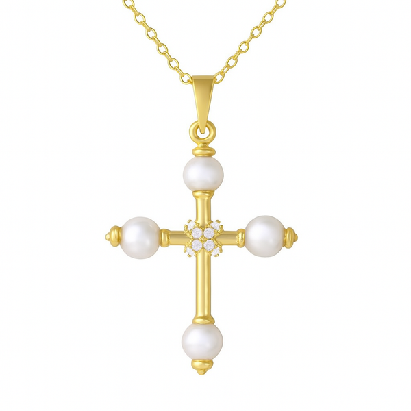 925 Silver 925 Gold Plated Cross with Synthetic Pearl Necklace