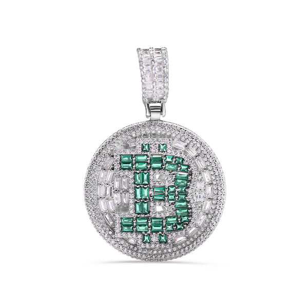 Rhodium Plated 925 Sterling Silver Bitcoin Cryptocurrency Green Baguette and Clear CZ 31.5mm Pendant