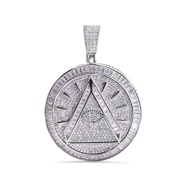 Rhodium Plated 925 Sterling Silver Round Illuminati Eye Baguette and Round CZ Pendant