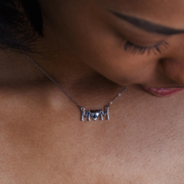 Rhodium Plated 925 Sterling Silver CZ MOM Necklace