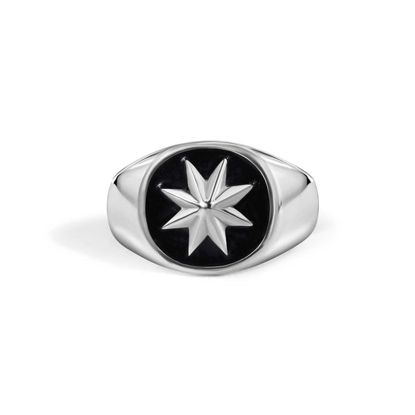 925 Sterling Silver High Polished Octagram Star Black Enamel Ring