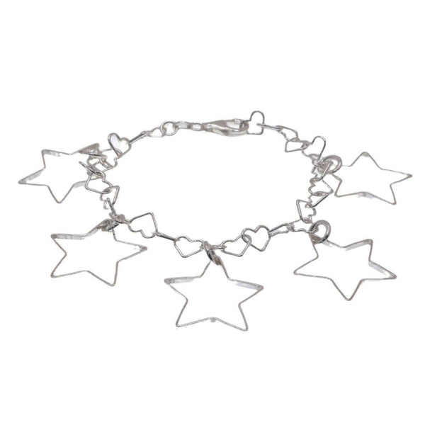 High Polish 925 Sterling Silver Multi Star & Heart Link Bracelet