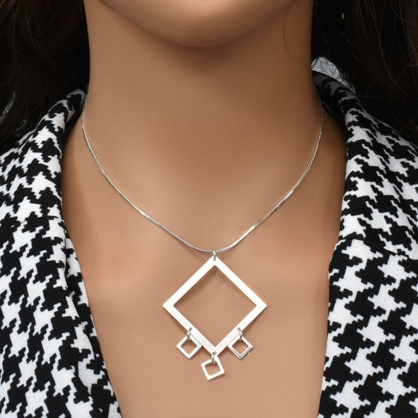 High Polish 925 Sterling Silver Multi Square Dangle Necklace