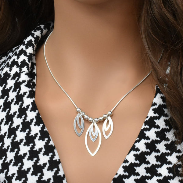 High Polish 925 Sterling Silver Ascending Multi Almond Shaped Dangle Necklace