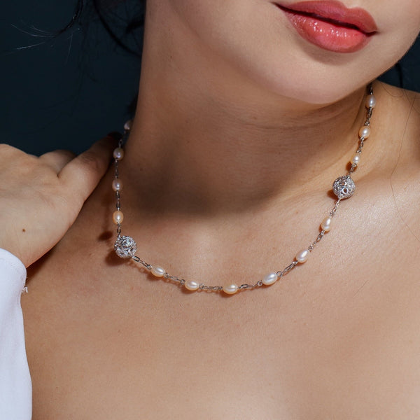 Rhodium Plated Pearl and CZ Bead Necklace