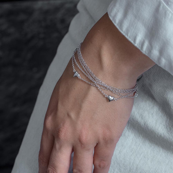 Rhodium Plated 925 Sterling Silver Multi Chains Heart Bracelet