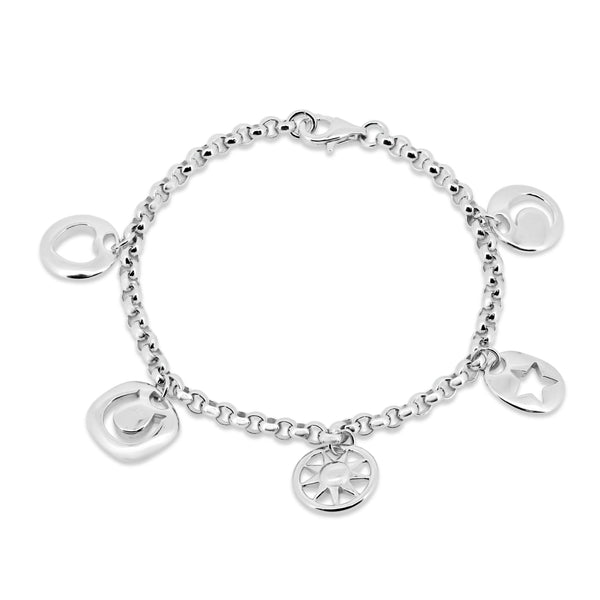 Rhodium Plated 925 Sterling Silver Multi Charm Dangling Bracelet