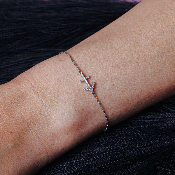 Rhodium Plated 925 Sterling Silver Sagittarius CZ Adjustable Link Bracelet