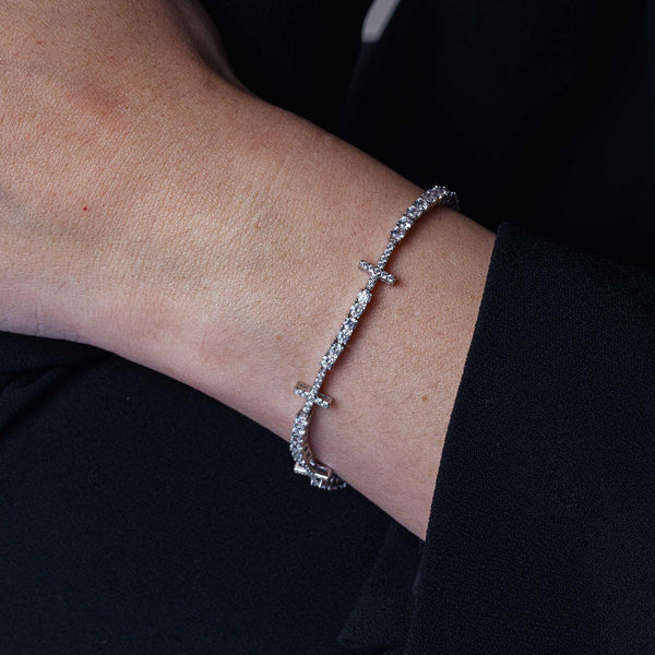 Rhodium Plated 925 Sterling Silver 7.6mm Cross Link CZ Tennis Bracelet