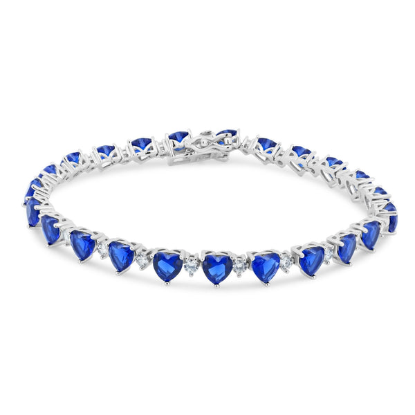Rhodium Plated 925 Sterling Silver Heart Blue CZ 6mm Tennis Bracelet