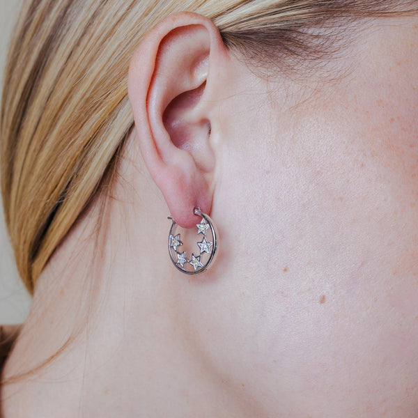 Silver 925 Rhodium Plated CZ Hoop Star Earrings