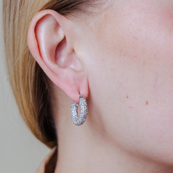 Silver 925 Rhodium Plated Rift Cluster CZ Hoop Earrings