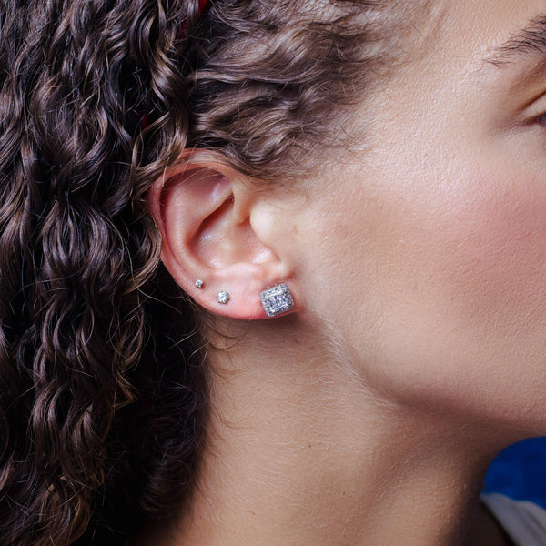 Silver 925 Rhodium Plated Square Cluster CZ Stud Earrings