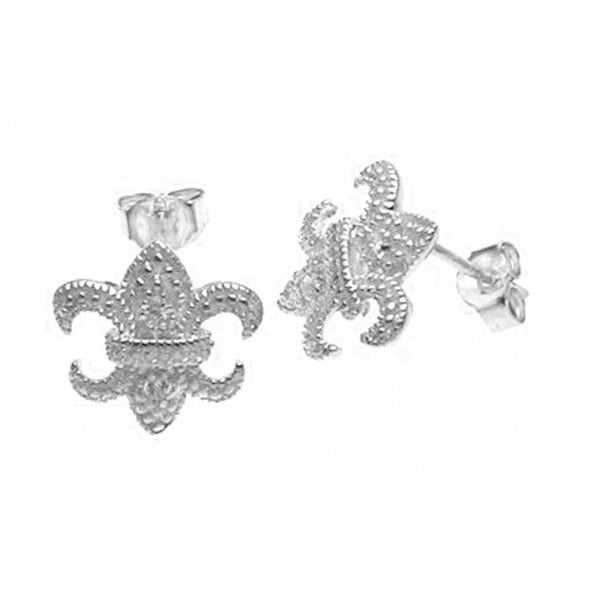 Silver 925 Rhodium Plated Fleur De Lis CZ Post Earrings