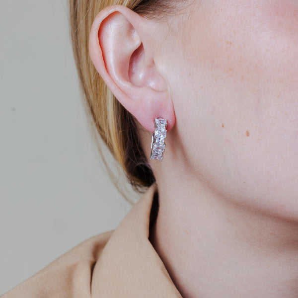 Silver 925 Rhodium Plated Clear Baguette CZ Hoop Earrings