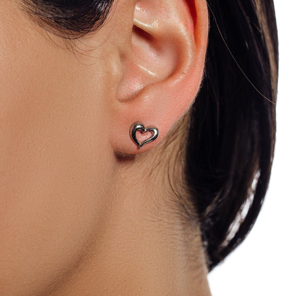 Silver 925 Rhodium Plated Open Hear Stud Earrings