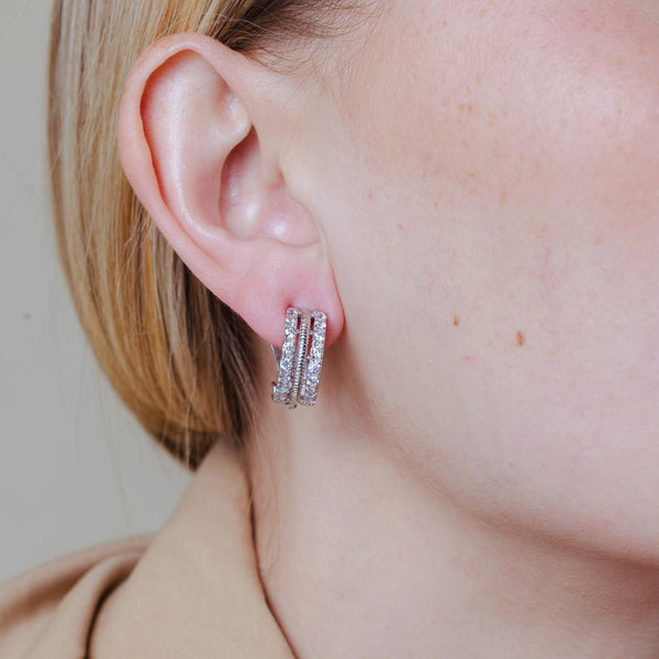 Silver 925 Rhodium Plated Clear Crescent CZ Hoop Earrings