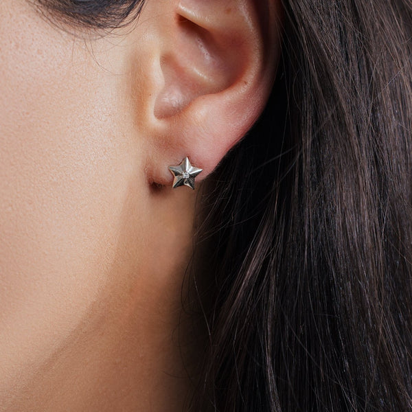 Rhodium Plated 925 Sterling Silver Diamond Star Stud Earrings