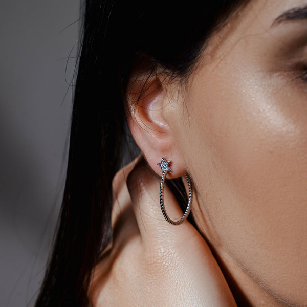 Silver 925 Rhodium Plated Rope Designed Semi Hoop Earrings on a CZ Star