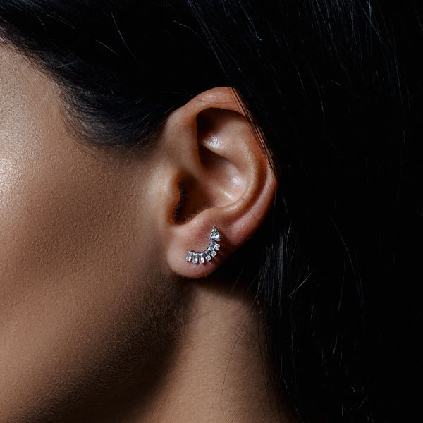 Rhodium Plated 925 Sterling Silver Baguette CZ Dangling Crescent Earrings