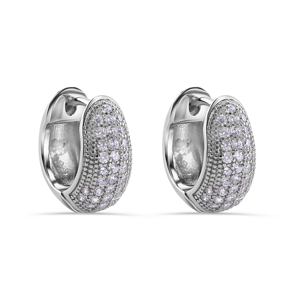 Rhodium Plated 925 Sterling Silver Pave Half Clear CZ Studded Hoop Earring
