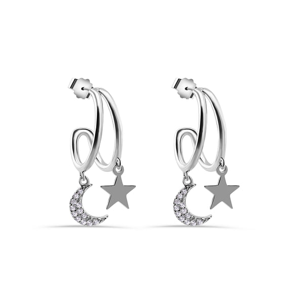 Rhodium Plated 925 Sterling Silver Moon and Star Hoop Earring