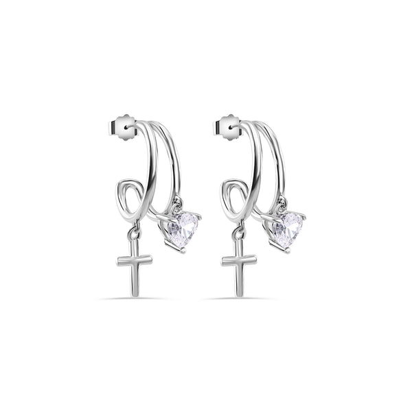 Rhodium Plated 925 Sterling Silver Heart and Cross Hoop Earring