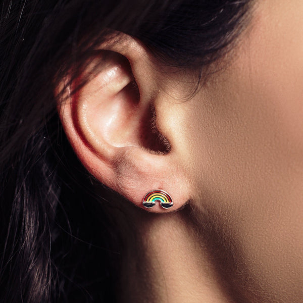 Rhodium Plated 925 Sterling Silver Enamel Rainbow Clouds Stud Earring