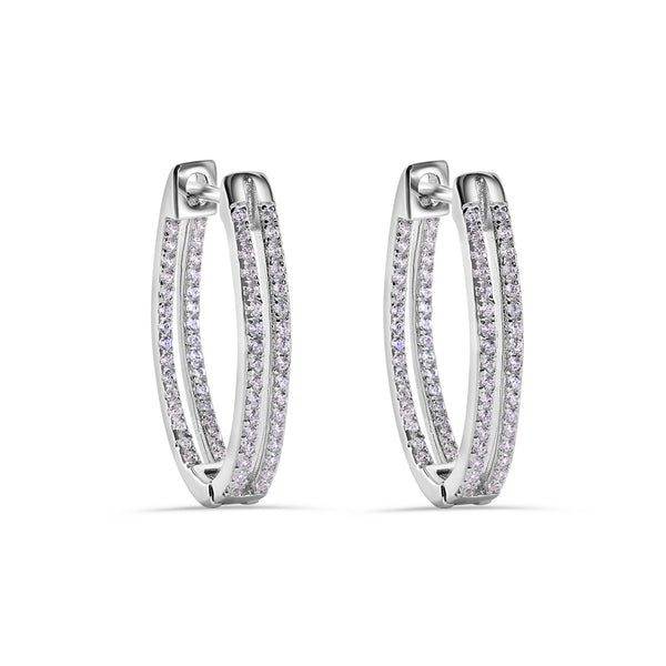 Rhodium Plated 925 Sterling Silver Pave Double Clear CZ Hoop Earring
