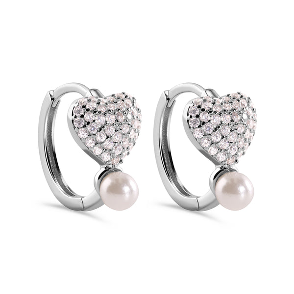Rhodium Plated 925 Sterling Silver Heart Clear CZ Studded Syntethic Pearl Hoop Earring