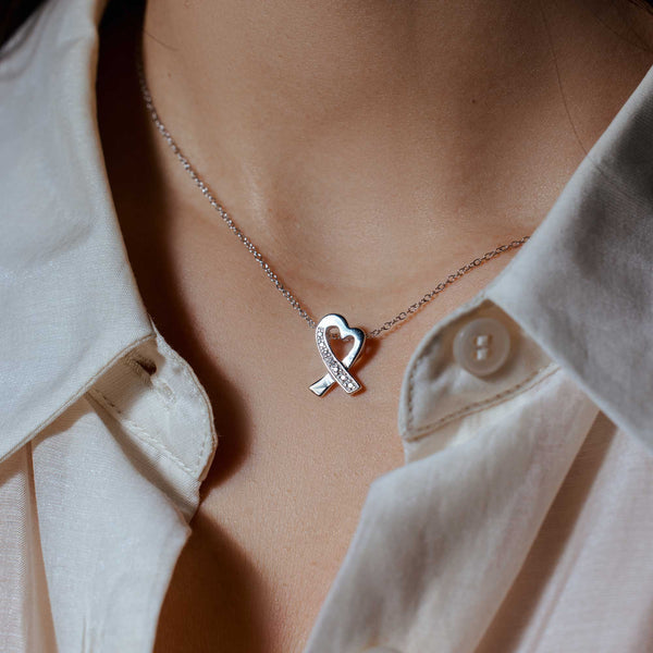 Silver 925 Clear CZ Rhodium Plated Pretzel Heart Pendant Necklace