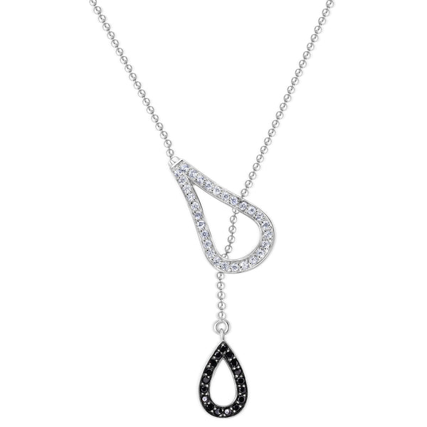 Silver 925 Rhodium Plated Two Teardrop Black and Clear CZ Wire Dangling Necklace