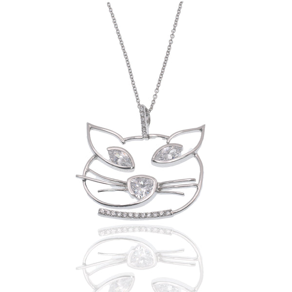 Rhodium Plated 925 Sterling Silver Whimsical Cat Face Marquise Clear CZ Necklace