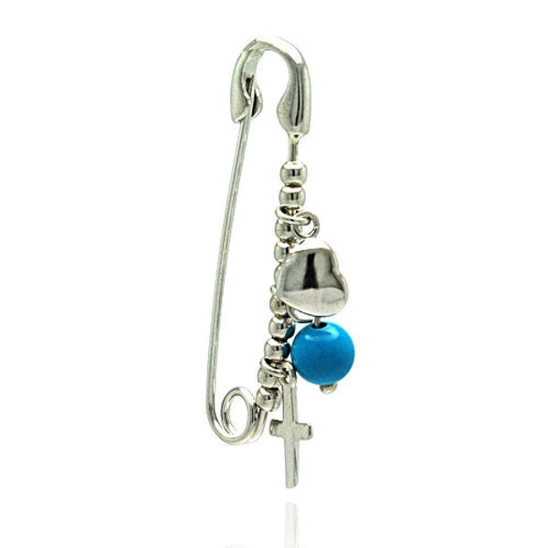 Silver 925 Rhodium Plated Cross, Heart and Blue Bead Pin