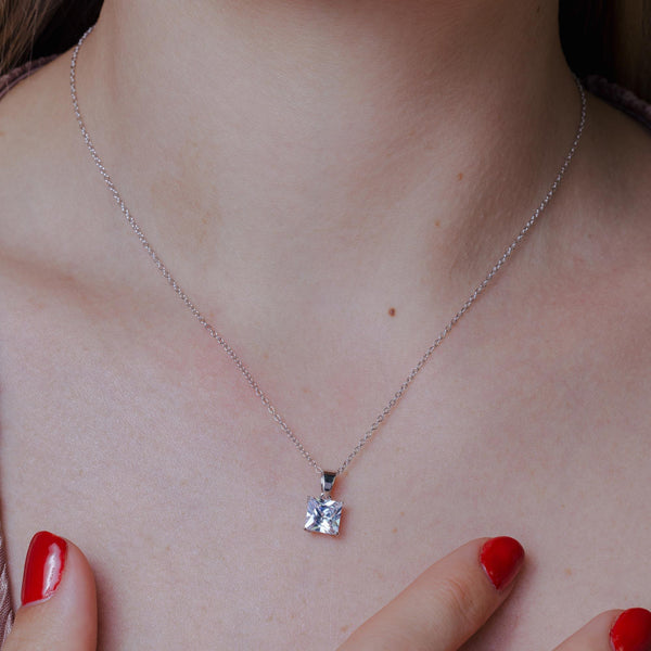 Rhodium Plated 925 Sterling Silver Clear Square CZ Solitaire Necklace