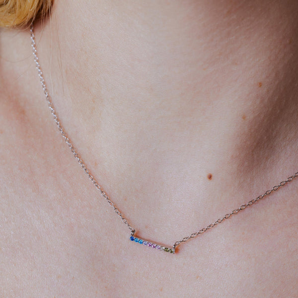 Rhodium Plated 925 Sterling Silver Rainbow Multi Color CZ Bar Necklace
