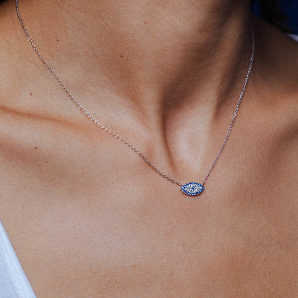Rhodium Plated 925 Sterling Silver Evil Eye CZ Necklace