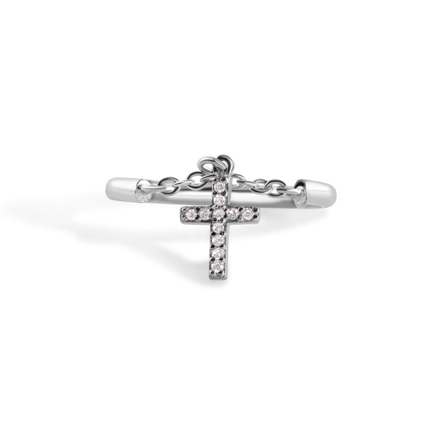 925 Sterling Silver Nickel Free Rhodium Plated Half Ring Chain Dangling Cross Clear CZ Ring
