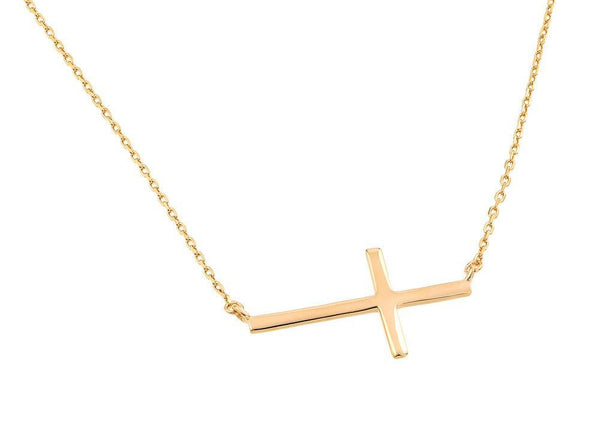 Silver 925 Gold Plated Plain Sideways Solid Cross Pendant Necklace
