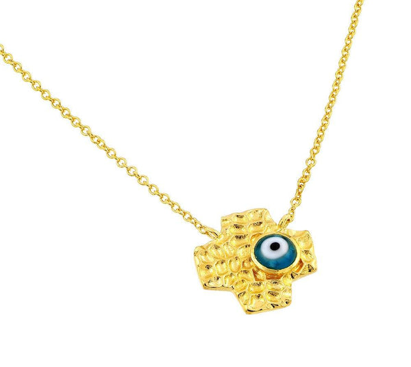 Silver 925 Gold Plated Evil Eye Blue Iris Square Cross Pendant Necklace