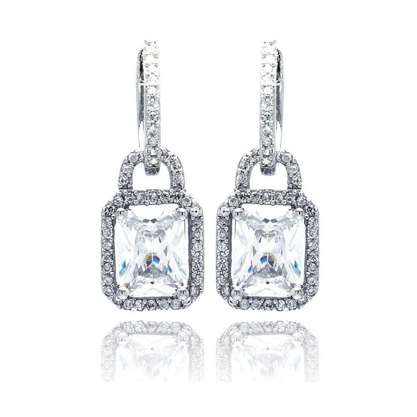 Silver 925 Rhodium Plated Micro Pave Clear Square CZ Dangling huggie hoop Earrings