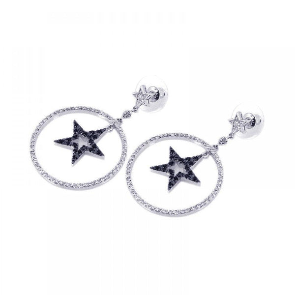Silver 925 Black and Silver Rhodium Plated Open Circle Star CZ Dangling Earrings