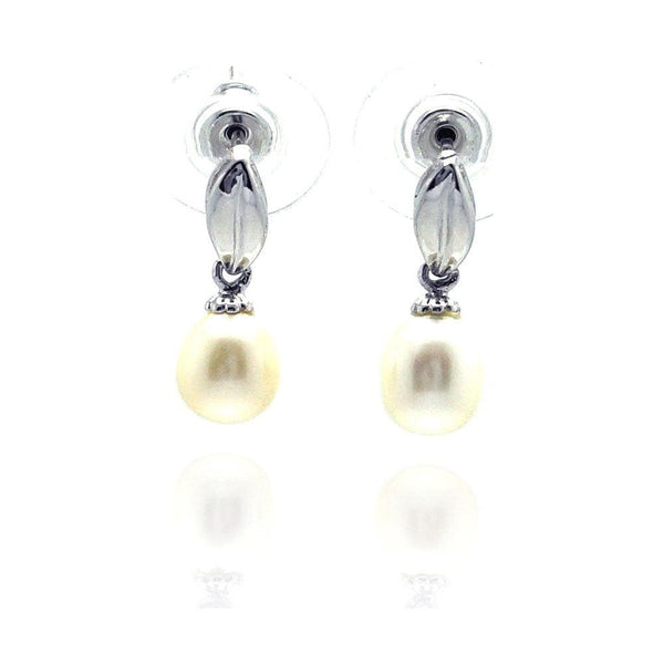 Silver 925 Rhodium Plated Leaf Marquise Fresh Water Pearl Dangling Stud Earrings