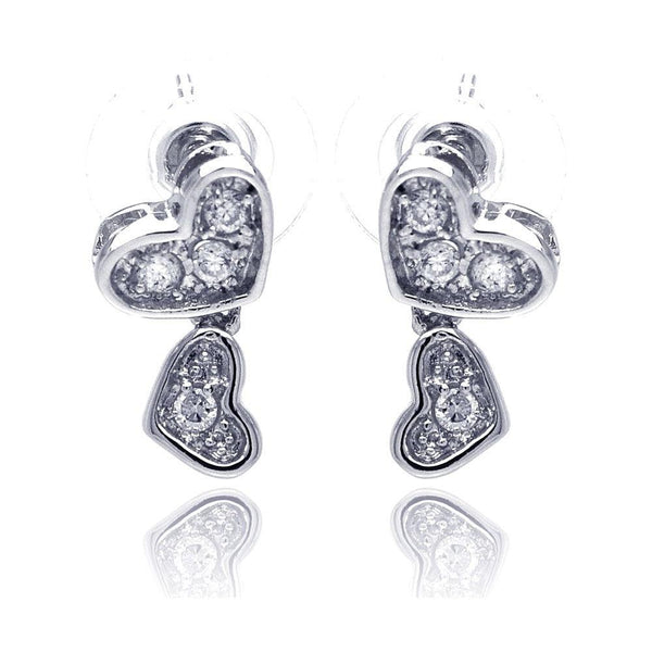 Silver 925 Rhodium Plated Heart CZ Inlay Dangling Stud Earrings