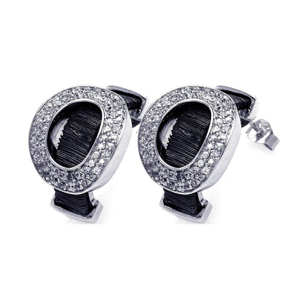 Silver 925 Black and Silver Rhodium Plated Oval Letter O CZ Stud Earrings
