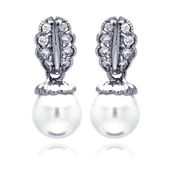 Silver 925 Rhodium Plated Curvy Leaf CZ Synthetic Pearl Dangling Stud Earrings