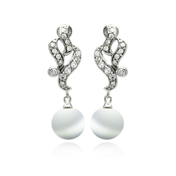 Silver 925 Rhodium Plated Filigree CZ Dangling Synthetic Pearl Earrings