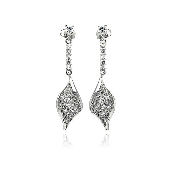Silver 925 Rhodium Plated Leaf CZ Inlay Dangling Stud Earrings