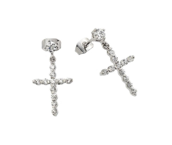 Silver 925 Rhodium Plated Cross CZ Dangling Earrings